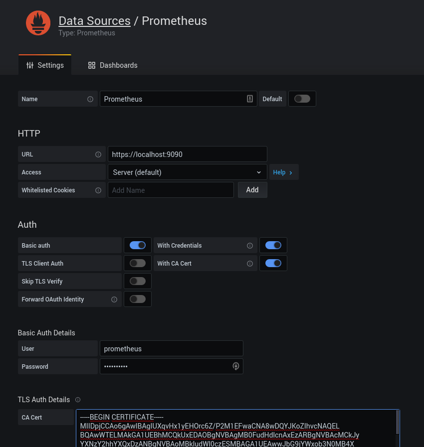 Grafana data source configuration for secure Prometheus